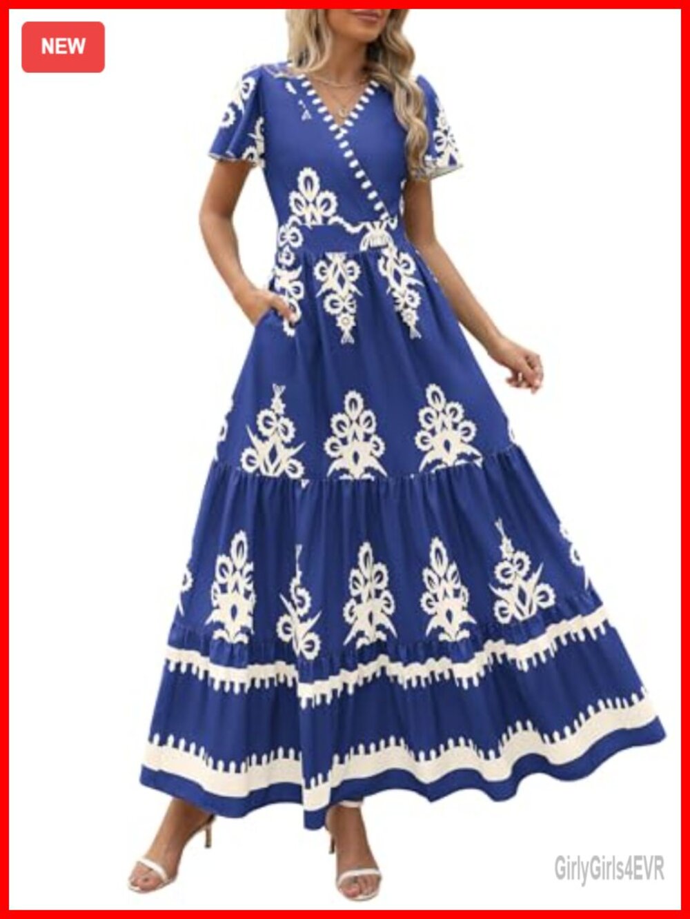 Womens Floral Boho Maxi Dress V-Neck A-Line Flutter Sleeve Tiered Summer